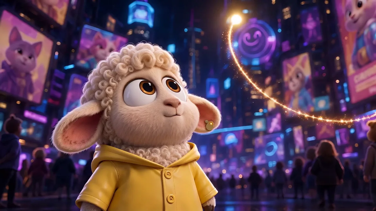 Stylised sheep moving through a vivid city scene with a warm light trail.
