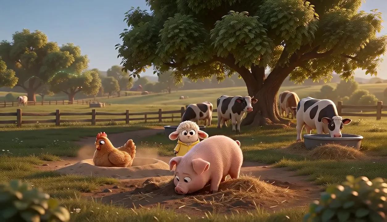 Stylised farm tableau with a chicken, pig, cow and sheep guide.
